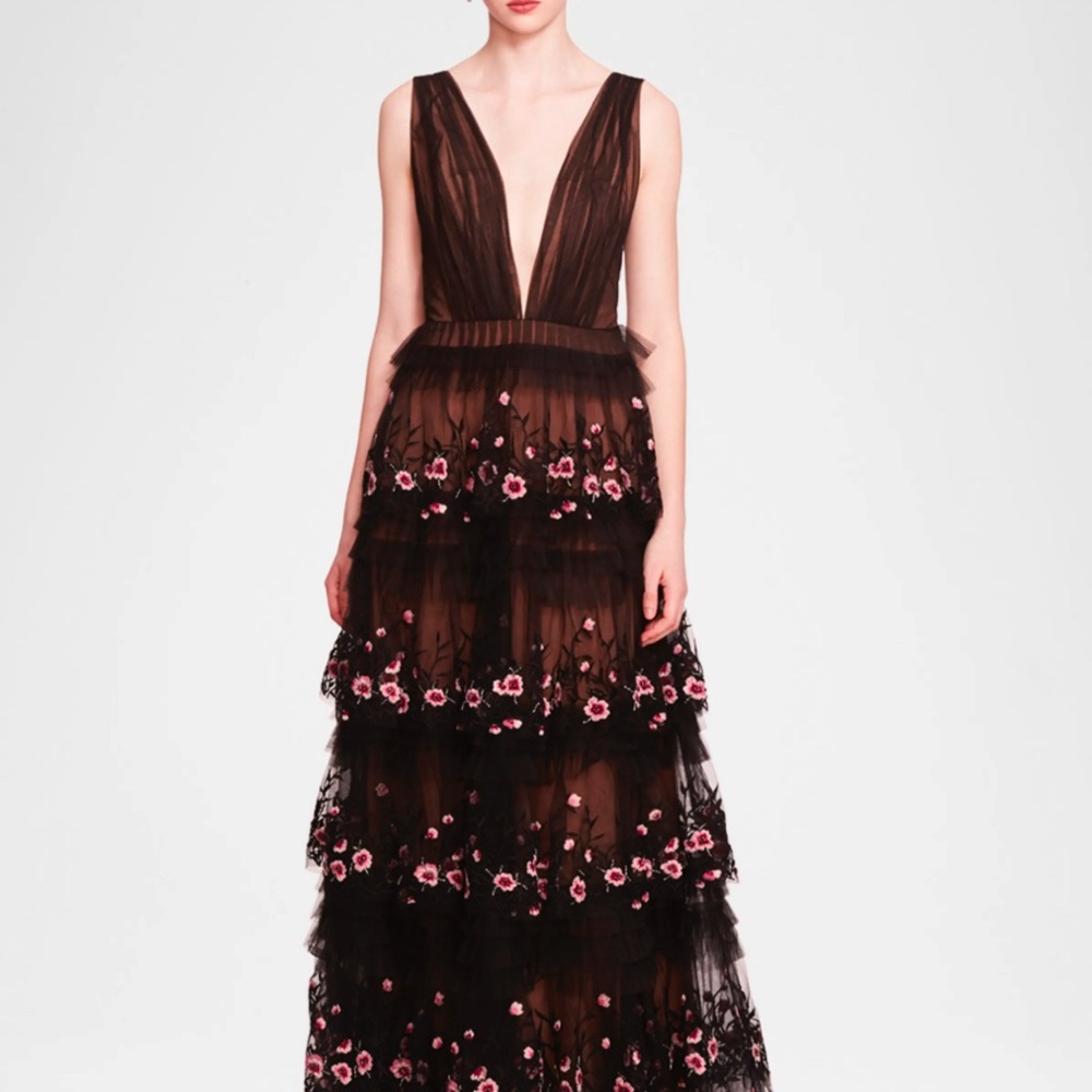 Marchesa Notte
Embroidered Deep V-Neck 
Ruffle Gown